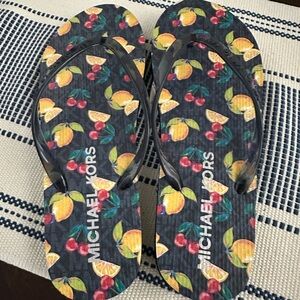 NWOT Michael Kors Black Fruit Pattern Flip Flops